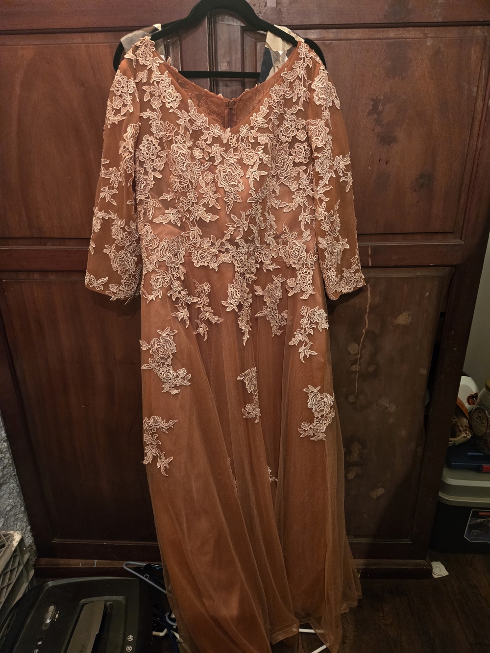 Embroidered Lace Mesh Maxi Dress in Rust